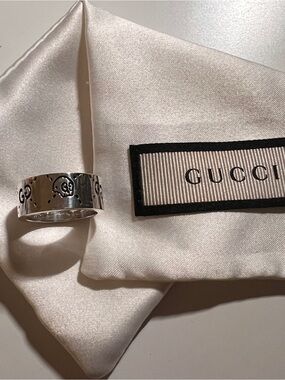 Gucci Polished Silver Interlocking G Band Ring - Size 12